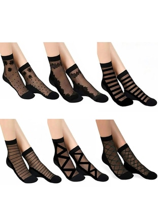 Bayan Tül Desenli 6`lı Çorap Seti - Siyah  - Sockshion