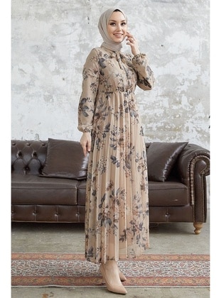 Beige - Floral - Fully Lined - Modest Dress - InStyle