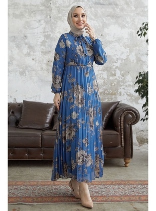 Blue - Floral - Fully Lined - Modest Dress - InStyle