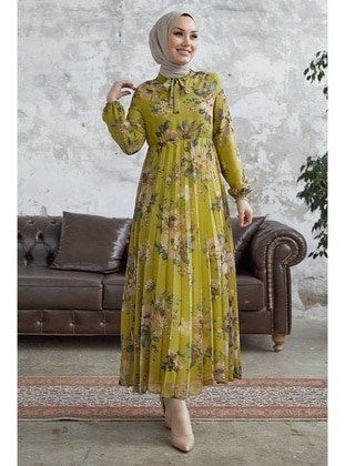 Olive Green - Floral - Fully Lined - Modest Dress - InStyle