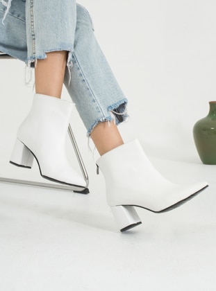 White - Boot - Faux Leather - Boots - Pembe Potin