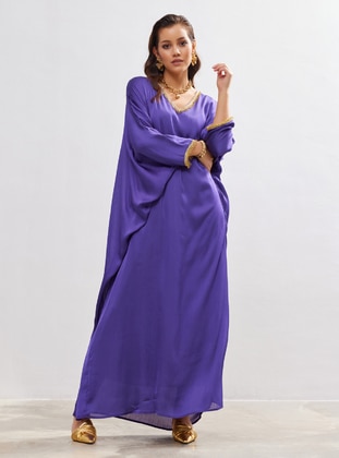 Purple - Fully Lined - V neck Collar - Abaya - AL SHEIKHA
