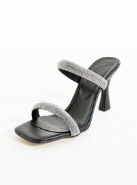 Black - Heeled Slippers - Faux Leather - Heels
