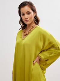 Light Green - Fully Lined - V neck Collar - Abaya