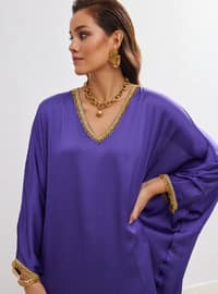 Purple - Fully Lined - V neck Collar - Abaya