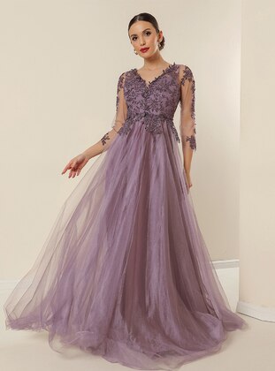 Fully Lined - Lilac - V neck Collar - Evening Dresses - By Saygı