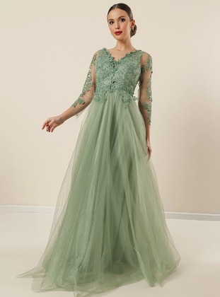 Fully Lined - Mint Green - V neck Collar - Evening Dresses - By Saygı