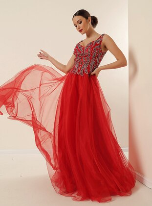 Fully Lined - Red - V neck Collar - Evening Dresses - By Saygı