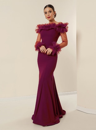 Fully Lined - Burgundy - Evening Dresses - By Saygı