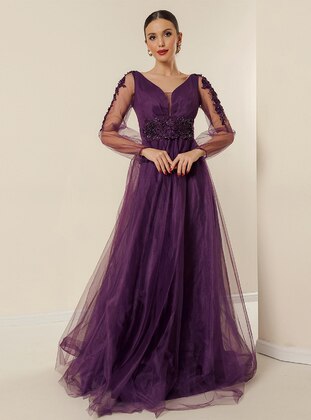 Fully Lined - Purple - V neck Collar - Evening Dresses - By Saygı