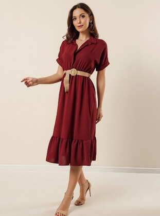Burgundy - Point Collar - Modest Dress - By Saygı
