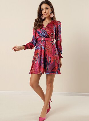 Fuchsia - Multi - Double-Breasted - Fully Lined - Modest Dress - By Saygı