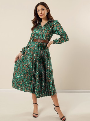 Green - Multi - Polo - Fully Lined - Modest Dress - By Saygı