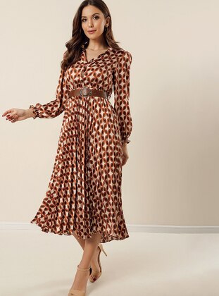 Brown - Multi - Polo - Fully Lined - Modest Dress - By Saygı