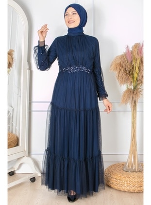 Frill Lace Embroidered Tulle Evening Dresses Navy Blue Mfa1864 Blue