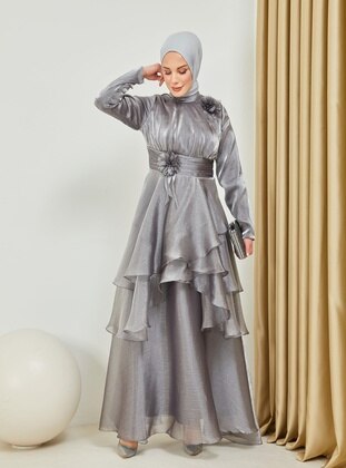 Silver color - Fully Lined - Crew neck - 500gr - Modest Evening Dress - Moda Echer
