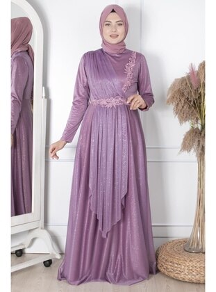 Lace Detailed Silvery Evening Dress Lilac Mfa1862 Lıla