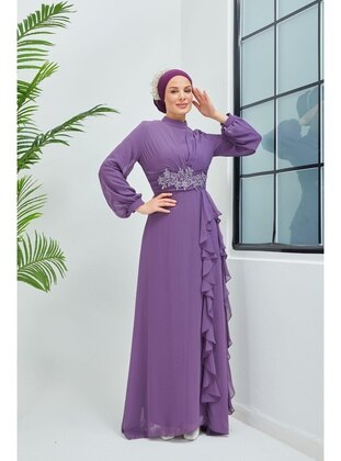 Lace And Stone Embroidery Pleated Detailed Hijab Evening Dress 7819 Lilac