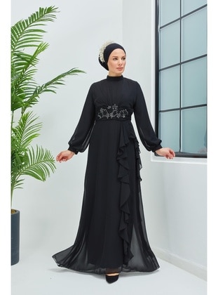 Black - Fully Lined - Crew neck - Modest Evening Dress - Moda Echer