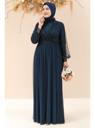 Pearl Stone Detailed Tulle Evening Dress Navy Blue Mfa1830 Blue
