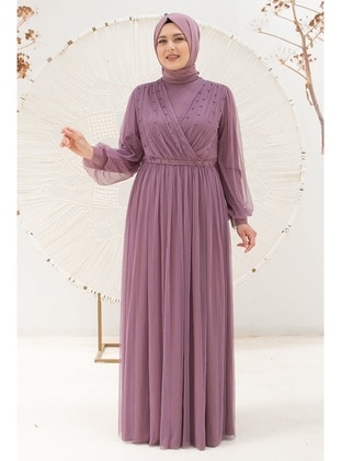 Pearl Stone Detailed Tulle Evening Dress Lilac Mfa1830 Lıla