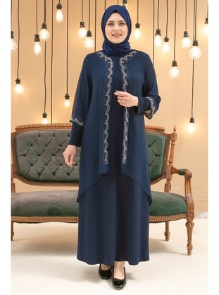 Navy Blue - Modest Plus Size Evening Dress - MFA Moda