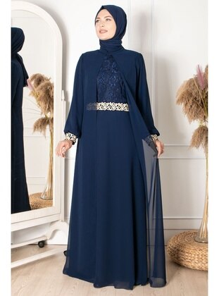 Chiffon Lace Detailed Plus Size Evening Dress Navy Blue Mfa1411 Lacquer