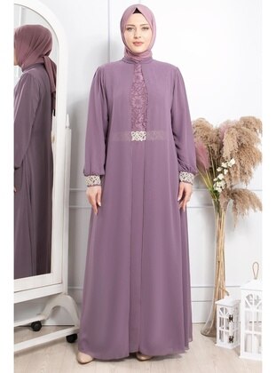 Chiffon Lace Detailed Plus Size Evening Dress Lilac Mfa1411 Lıla