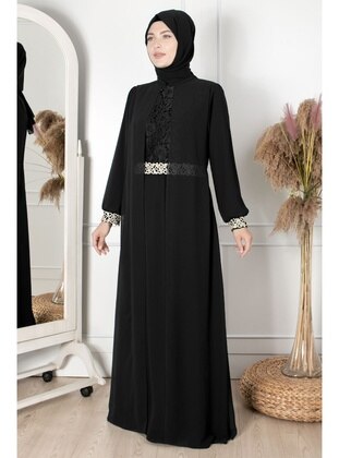 Chiffon Lace Detailed Plus Size Evening Dress Black Mfa1411 Black
