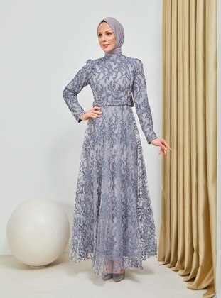 Silvery Tulle Flower Patterned Hijab Evening Dress Silver
