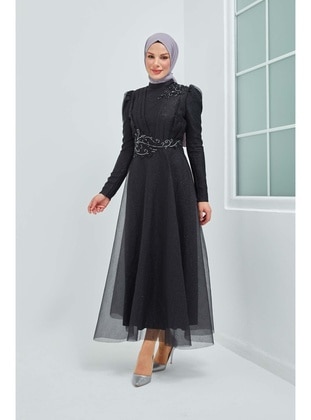 Silvery Tulle Fabric Stone Embroidery Detailed Hijab Evening Dress Black