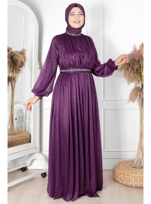 Stone Embroidered Silvery Tulle Evening Dress Purple Mfa1856 Purple