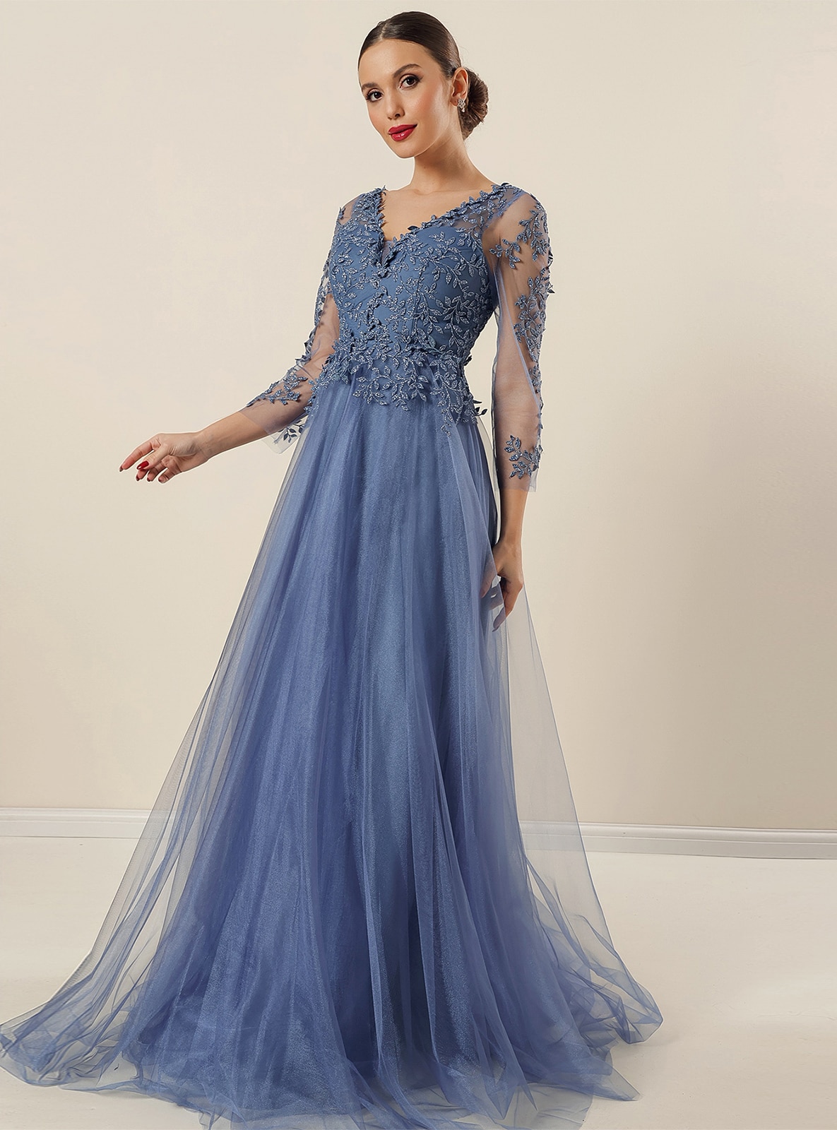 Fully Lined - Blue - V neck Collar - Evening Dresses