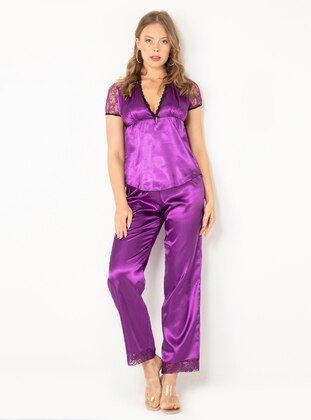 Purple - V neck Collar - Pyjama Set - DoReMi