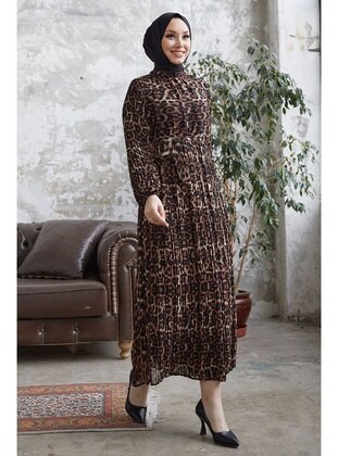 Brown - Leopard - Fully Lined - Modest Dress - InStyle