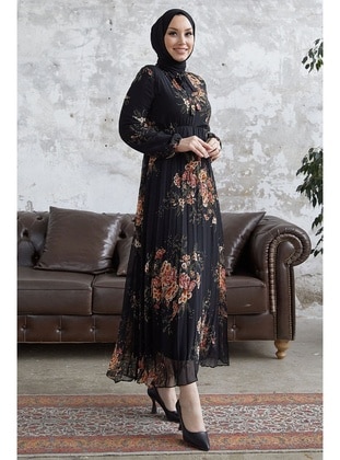Black - Floral - Fully Lined - Modest Dress - InStyle