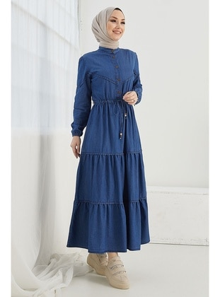 Blue - Button Collar - Unlined - Modest Dress - InStyle