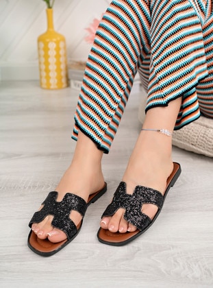 Black Glitter - Sandal - Slippers - Ayakkabı Havuzu