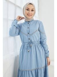 Light Blue - Button Collar - Unlined - Modest Dress
