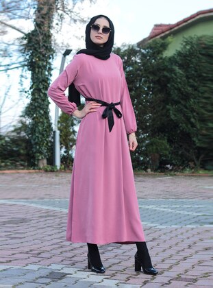 Powder Pink - Crew neck - Unlined - Modest Dress - Uruba Giyim