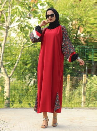 Red - Multi - Crew neck - Unlined - Modest Dress - Uruba Giyim
