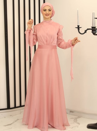 Pink - Fully Lined - Crew neck - Modest Evening Dress - Fashion Showcase Design