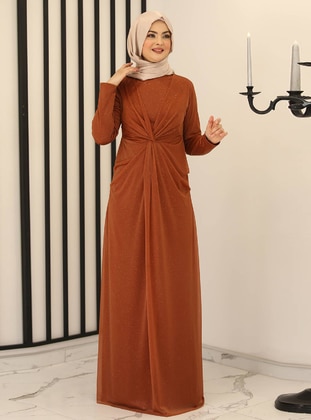 Fully Lined - Brick Red - Fully Lined - Crew neck - Crew neck - Modest Evening Dress - Fashion Showcase Design