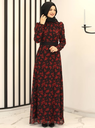 Black - Floral - Fully Lined - Crew neck - Modest Evening Dress - Fashion Showcase Design