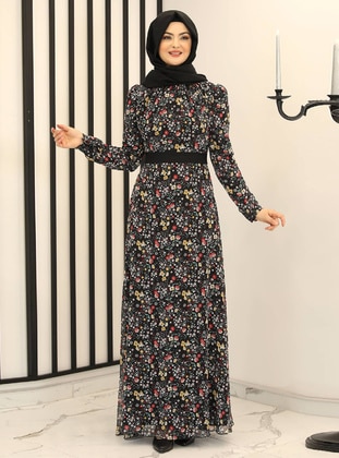 Anthracite - Crew neck - Floral - Fully Lined - Crew neck - Modest Evening Dress - Fashion Showcase Design