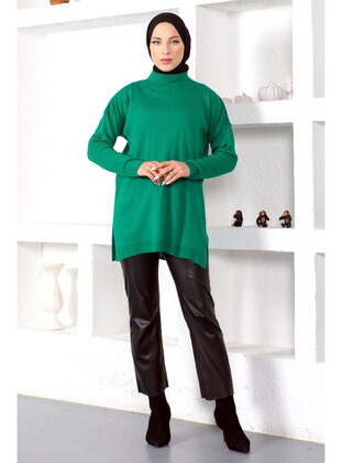 Green - Crew neck - Unlined - Knit Tunics - Tesettür Dünyası