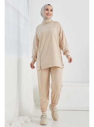 Beige - Polo neck - Tracksuit Set - InStyle