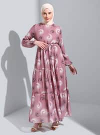 Powder Pink - Multi - Crew neck - Fully Lined - Modest Dress