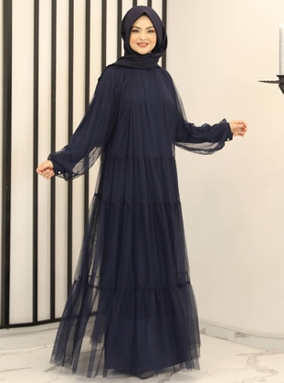 Navy Blue - Fully Lined - Crew neck - Modest Evening Dress - Fashion Showcase Design