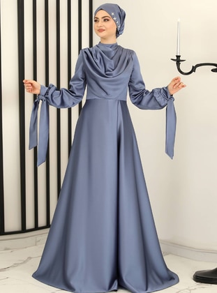 Dark Blue - Fully Lined - Crew neck - Modest Evening Dress - Fashion Showcase Design